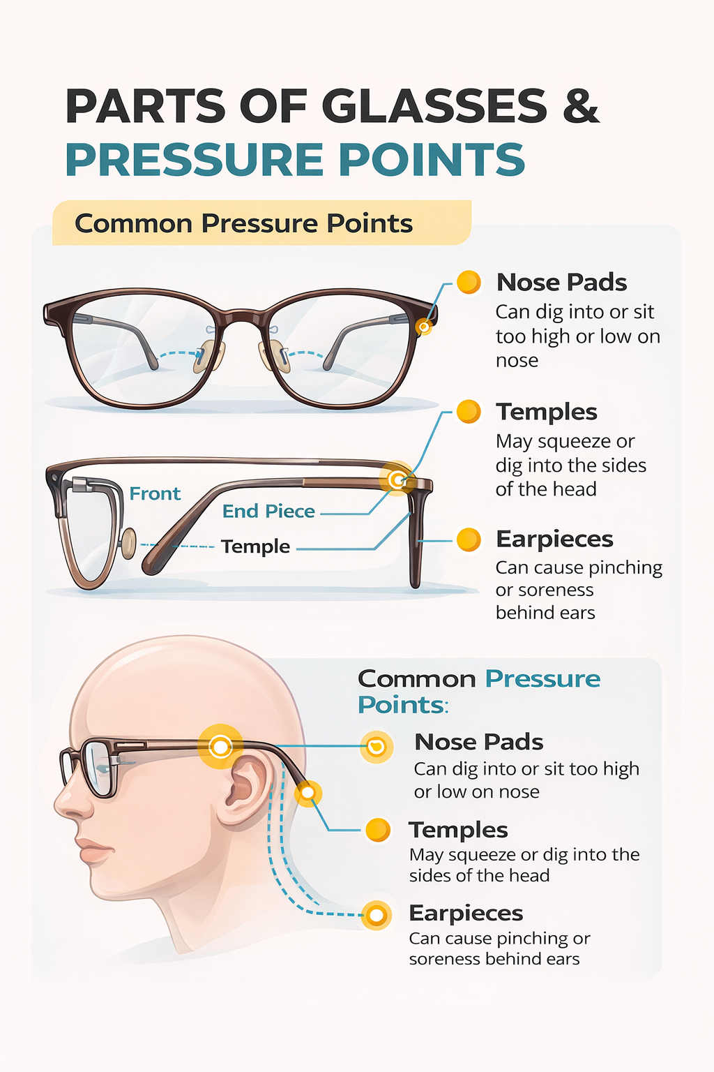 Diagram showing eyeglass pressure points including nose pads, temples,   and earpieces that can cause glasses to feel too tight on the head or behind ears