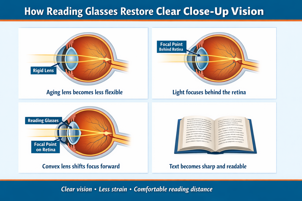 Diagram showing how reading glasses correctpresbyopia by moving the focal point forward for clear near vision
