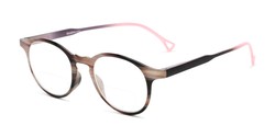 Angle of The Castle Bifocal in Brown Stripes with Pink/Black, Women's Round Reading Glasses