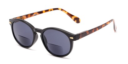Angle of The Drama Bifocal Reading Sunglasses in Black/Tortoise with Smoke, Women's and Men's Round Reading Sunglasses
