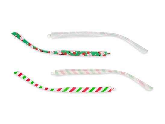 Front of The Classic Holiday 2-Set Convertible Temple Add-On Pack in Holiday Stripe Print / Dancing Santa Print