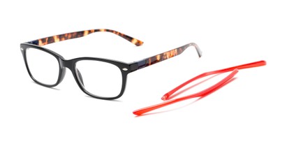 Angle of The Juno Convertible Temple Reader in Black: Includes Red and Tortoise Temple Sets, Women's and Men's Rectangle Reading Glasses