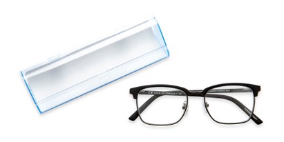 Angle of The Perkins Pop of Power™ Blue Light Reader in Black/Gunmetal Grey, Men's Browline Reading Glasses