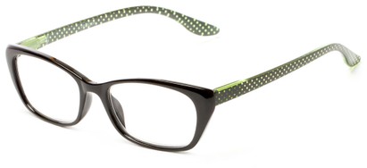 Angle of The Lynn in Black with Black/Green Temples, Women's Cat Eye Reading Glasses