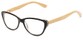 Angle of The Heather Recycled Bamboo Reader in Black with Tan Temples, Women's Cat Eye Reading Glasses